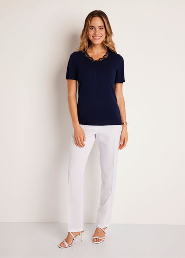 Pull fin brodé manches courtes Marine