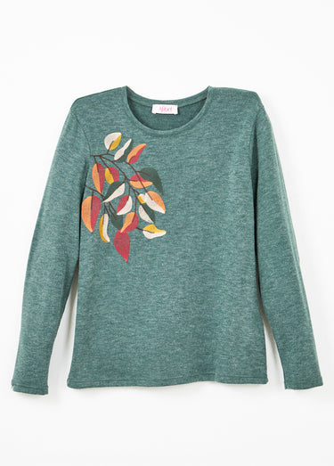 T-shirt col rond uni brodé manches longues Vert