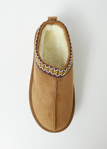 Mules effet daim fourrées et compensées Camel