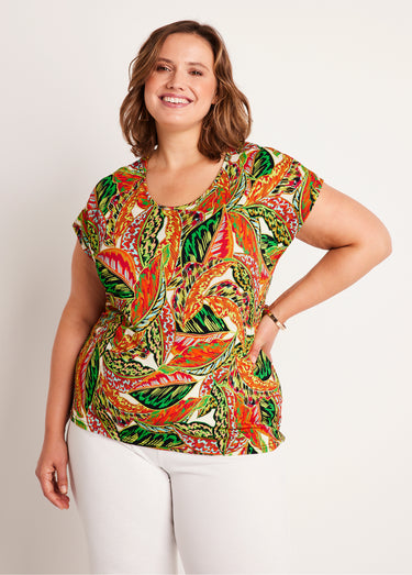 T-shirt court motif feuillage Vert/Rouge