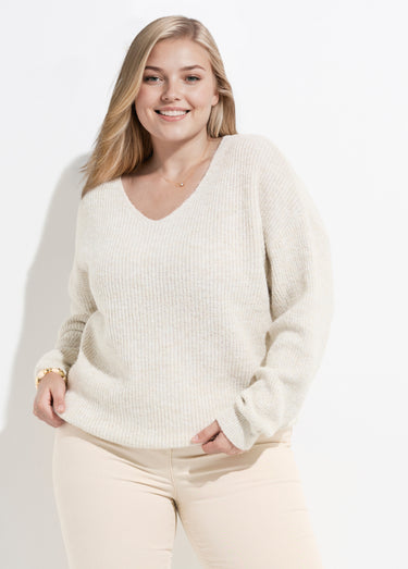 Pull col V maille mousseuse avec laine Ecru