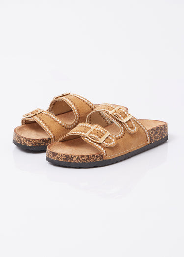 Mules folk à boucles, semelle type liège Camel