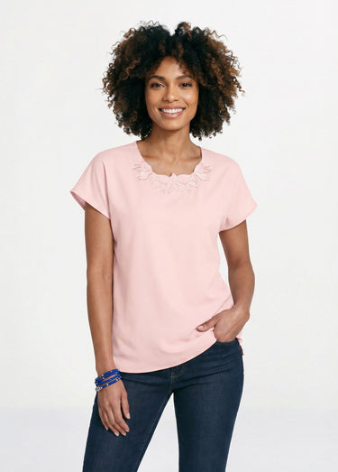 Top long manches courtes broderies col rond Rose The