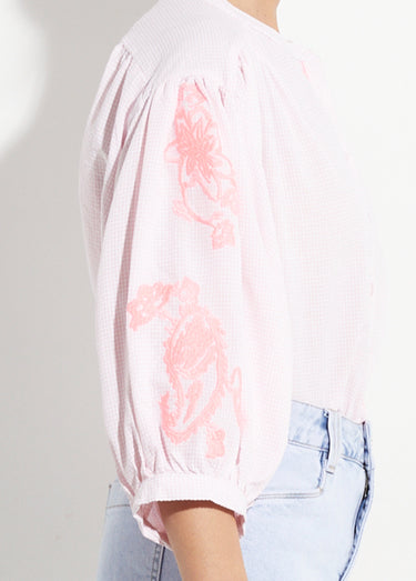 Chemisier ample vichy, broderies fluo Rose