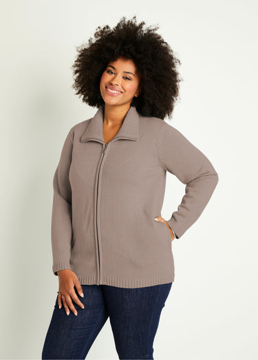 Gilet zippé long uni col montant Taupe