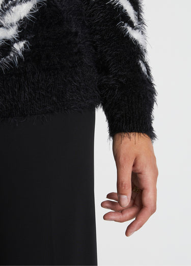 Pull jacquard maille poilue manches longues Noir/Ecru