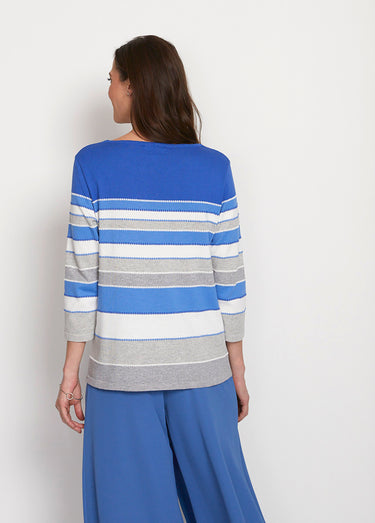 Pull maille jacquard fantaisie Raye Bleu