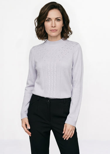 Pull doux torsades côtes strass col montant Argent