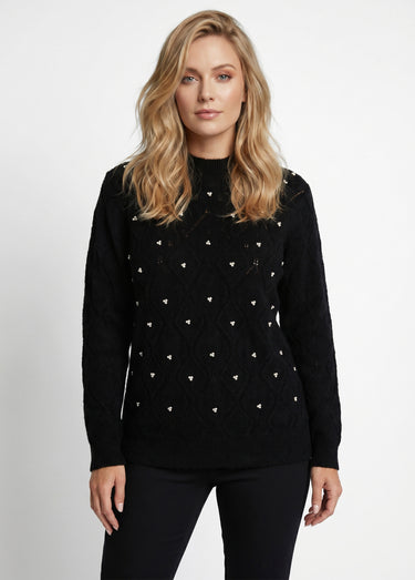 Pull doux ajouré perlé col montant Noir