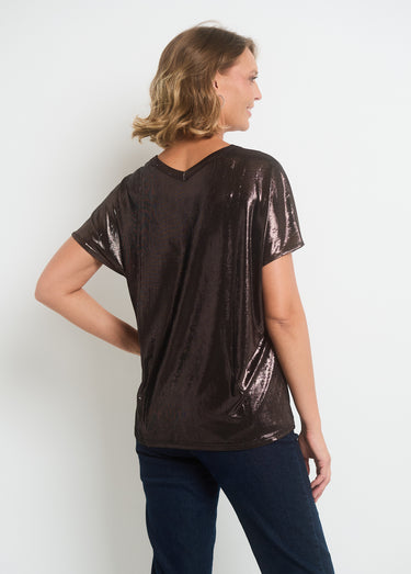 T-shirt métallisé col V manches tombantes Noir