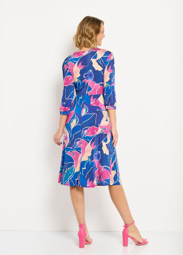 Robe cache-coeur courte motif floral évasée Bleu/Rose