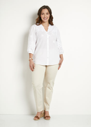 Chemisier long coton brodé manches 3/4 Blanc