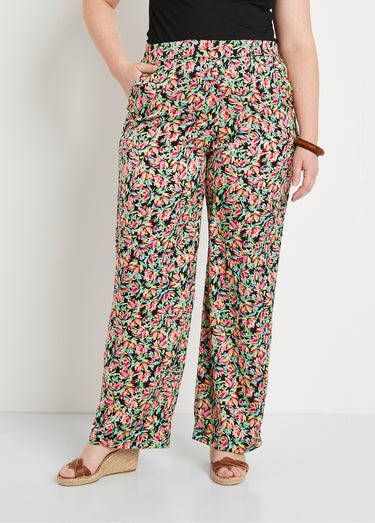 Pantalon taille semi-élastiquée satin fleuri Vert/Rose