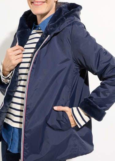 Blouson déperlant / fourrure, réversible Marine