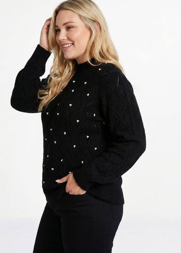 Pull doux ajouré perlé col montant Noir