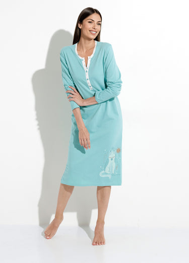 Chemise de nuit liquette mi-longue boutonnée coton Aqua