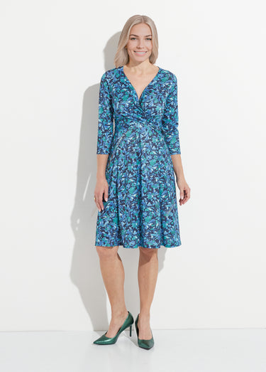 Robe courte cache-coeur maille fleurie Bleu/Vert
