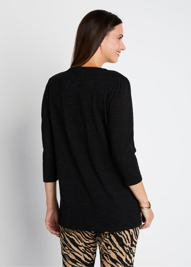 T-shirt long évasé manches 3/4 col rond Uni Noir