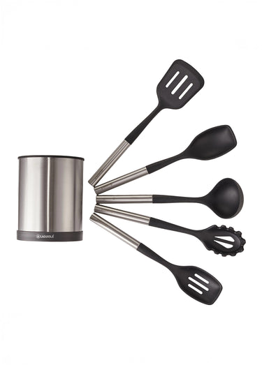 Set 5 ustensiles en silicone + pot inox Gris/Noir