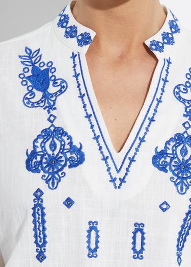 Tunique coton brodé sequins manches 3/4 Blanc/Bleu