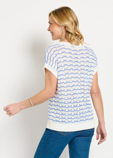 Pull sans manches col V ajouré bicolore Ecru/Bleu
