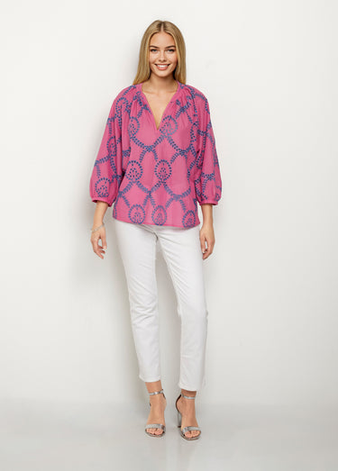 Blouse ample broderies ajourées manches 3/4 Rose