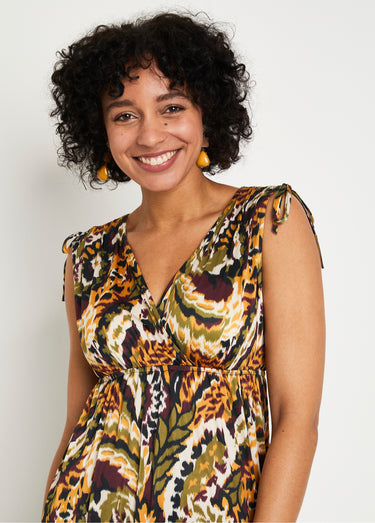 Robe longue col V imprimée sans manches Ocre/Vert
