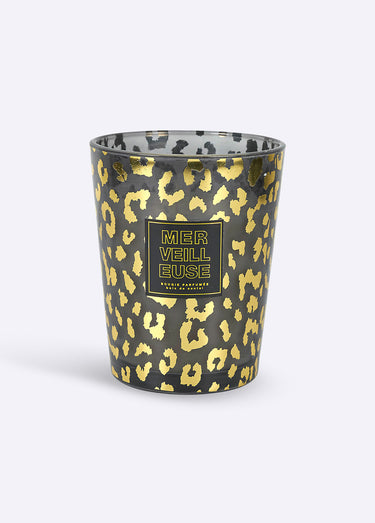 Bougie parfumée en verre motif léopard Noir