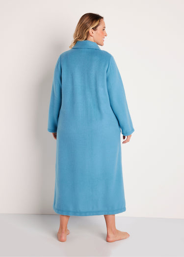 Peignoir boutonné long molleton brodé col châle Bleu Canard