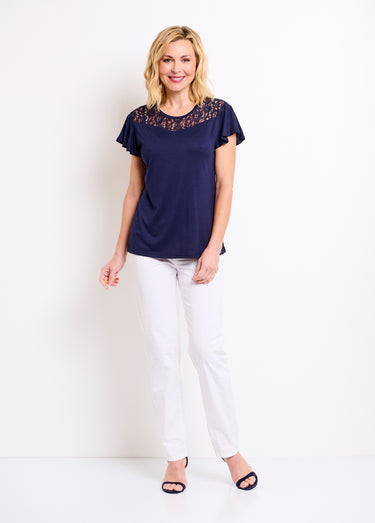 T-shirt manches courtes dentelle Marine