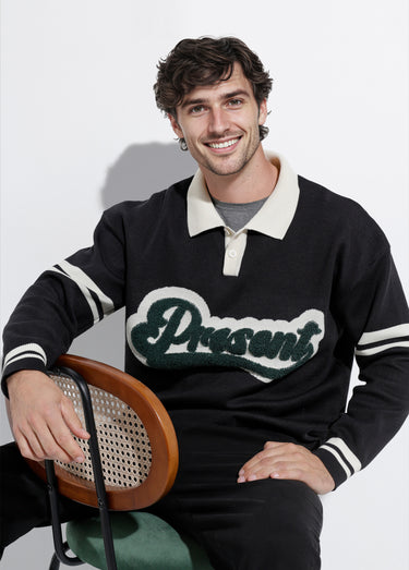 Pull col polo message maille bouclette Noir