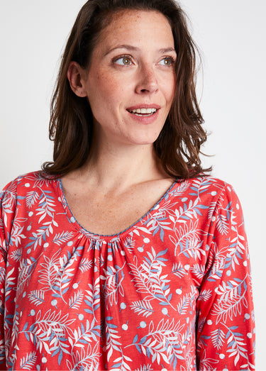 Chemise de nuit longue manches 3/4 coton imprimé Fond Rouge