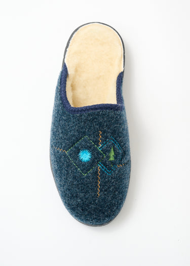Chaussons mules largeur confort brodés fourrés Marine