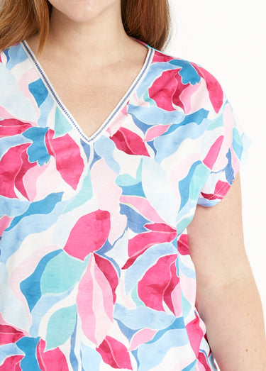 T-shirt court col V brillant imprimé Bleu/Rose