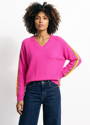 Pull col V manches lignes multicolores Fuchsia