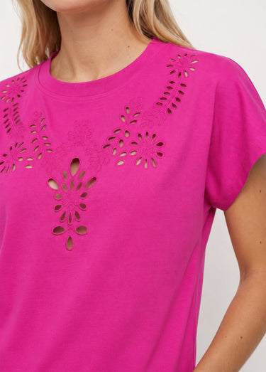 T-shirt coton encolure broderie anglaise Violet