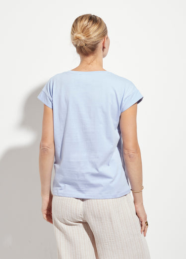 T-shirt col V sans manches maille coton Bleu