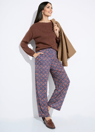 Pantalon large fluide imprimé ethnique Marine/Brique