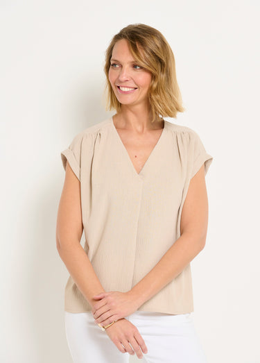 Tunique col V manches kimono aspect gaufré Beige