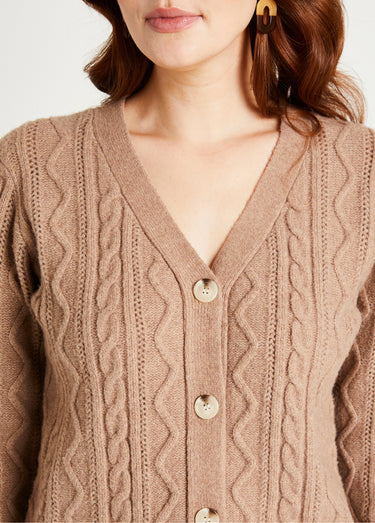 Gilet court boutonné col V maille torsades Taupe