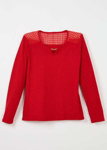 T-shirt maille gaufrée dentelle encolure bijou Rouge