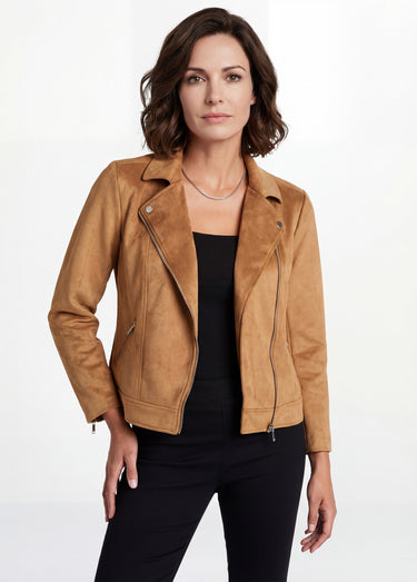 Blouson zippé court tissu suédé Camel
