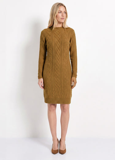 Robe-pull courte tricot uni col rond Camel
