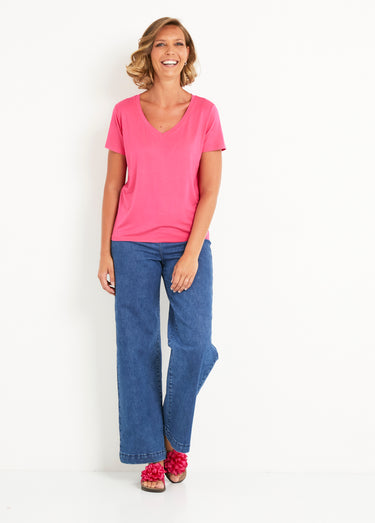 T-shirt fluide col V manches courtes Fuchsia