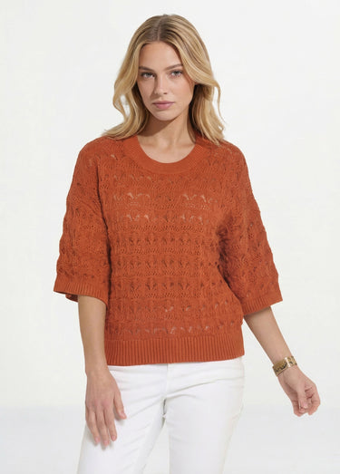 Pull manches courtes en maille ajourée Paprika