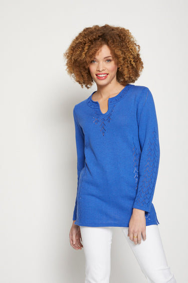 Pull-tunique motif ajouré col fantaisie Bleu