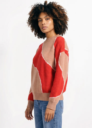 Pull épais ras de cou jacquard fantaisie Rouge/Beige