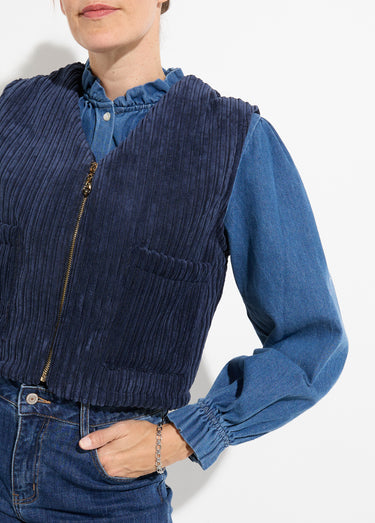Veste zippée col V sans manches velours Marine