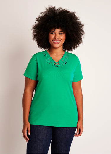 T-shirt col V ajouré brodé Vert