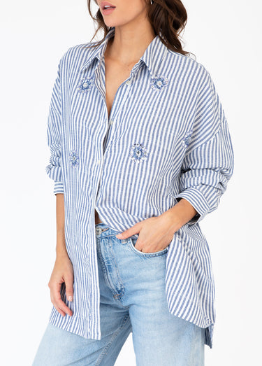 Chemise rayée coton détails bijoux Bleu Raye